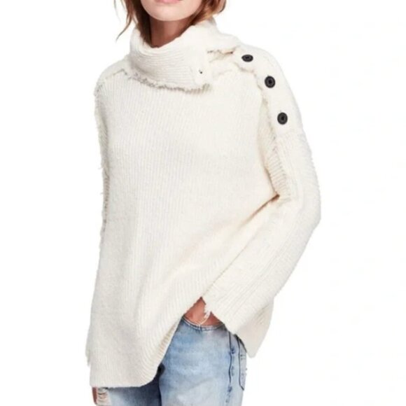 Free People On My Side High Neck Button White Oversized Chunky Sweater Small - Picture 1 of 5